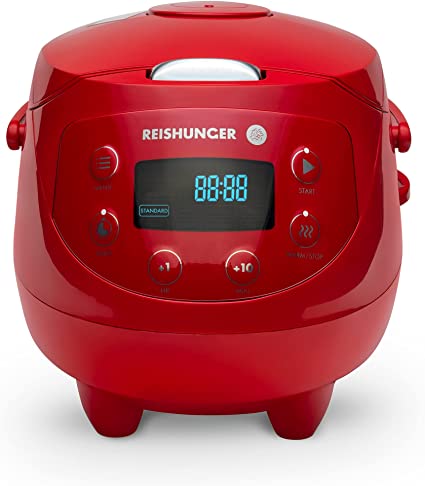 Reishunger Digital Mini Rice Cooker and Steamer in Red with Keep Warm Function & Timer - 2.5 Cups - Premium Inner Pot, Spoon & Measuring Cup - Multi Cooker with 8 Programmes & 7-Phase Technology