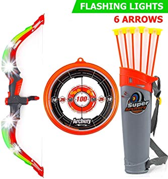 Toysery Bow and Arrow for Kids with LED Flash Lights - Archery Bow with 6 Suction Cups Arrows, Target, and Quiver - Practice Outdoor Toys for Children Above 6 Years of Age, Red