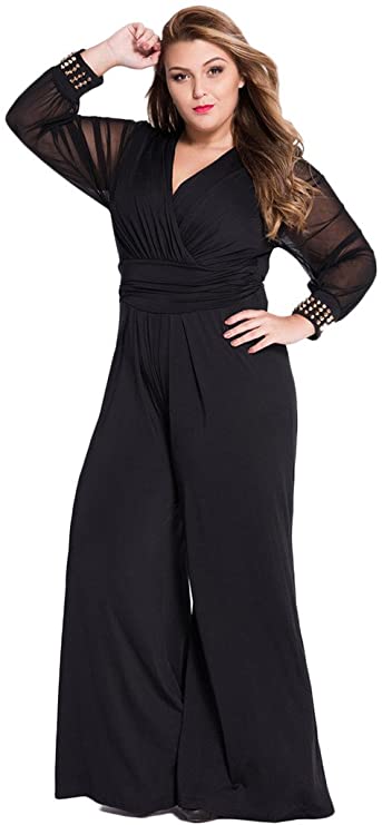Cokar Womens Plus Size Jumpsuits Long Sleeve V-Neck Casual Style Set