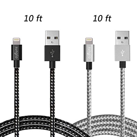 Sunglo iPhone Cable 2 Pack 10ft Black Silver Grey Extra Long Nylon Braided Apple Lightning USB Charging Cable Cord for iPhone 6,6s, 6 plus,6s plus,iPhone5 5s 5CE,iPad,iPod