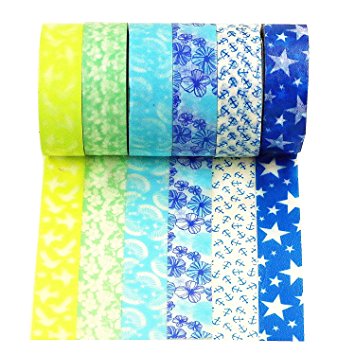 Wise Bird Gift Wrap Fun Colored Decorative Washi Tape Sticky Paper Masking Adhesive DIY, Office School Birthday Craft Gift Tape, Blue Star Flower Anchor Pattern, 32ft/roll Set of 6