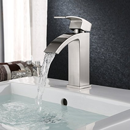 Homfa Bathroom Faucet Single Handle Contemporary Vanity Sink Faucet Waterfall Lavatory Faucet with Extra Large Rectangular Spout,Brushed Nickel