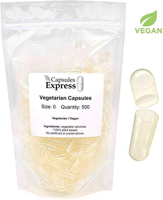 Capsules Express- Size 0 Clear Empty Vegan Capsules 500 Count - Kosher and Halal Certified - Gluten-Free Vegetarian/Vegetable Pill Capsule - DIY Powder Filling