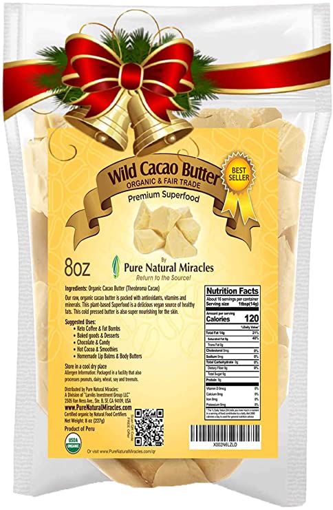 Pure Natural Miracles Cacao Butter Organic | Raw & Food Grade 8 oz | Fair Trade & Keto | Great in Coffee, Fat Bombs & Homemade Chocolate