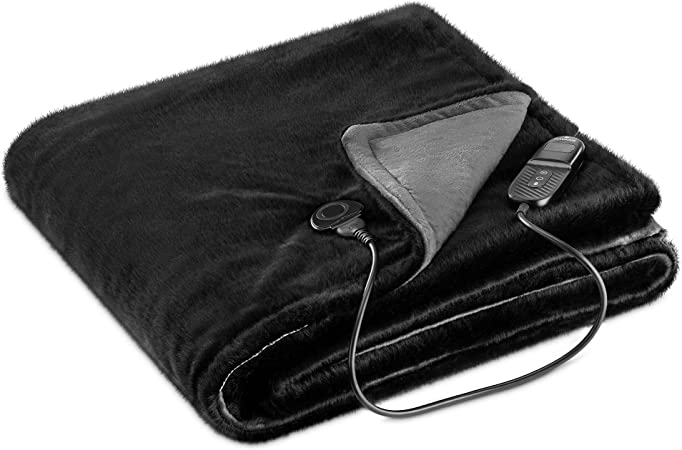 Navaris Electric Blanket - 180 x 130 cm Faux Fur Heated Throw Blanket with 9 Temperature Heat Level Settings and Auto Shut Off Timer - Black/Grey