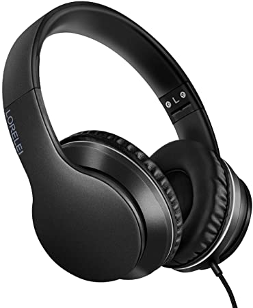 LORELEI X6 Over-Ear Headphones with Microphone, Lightweight Foldable Stereo Bass Headphones with 1.45M No-Tangle, Portable Wired Headphones for Smartphone Tablet MP3 / 4 (Black)