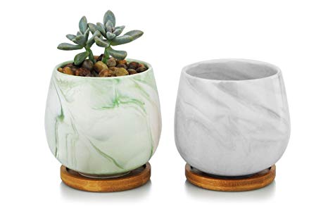 VanEnjoy 3.3 Inch Medium Ceramic Succulent Pot Cup, Colorful Marble Glazed, Flower Cactus Pots, Round Shape, with Bamboo Tray Pack of 2 (Green and Gray)