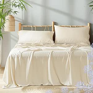 PHF Cooling Sheets Set Queen size,4 PCS 85% Viscose from Bamboo and 15% Linen Breathable & Soft Bed Sheets,Deep Pocket Up to 16" Bedding Sheets,Natural