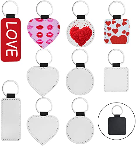 10 Pcs Sublimation Blanks PU Leather Keychain for Valentine's Day Heat Transfer DIY Handmade Ornaments Pendants Crafts, 4 Style (Heart, Round, Rectangle, Square）