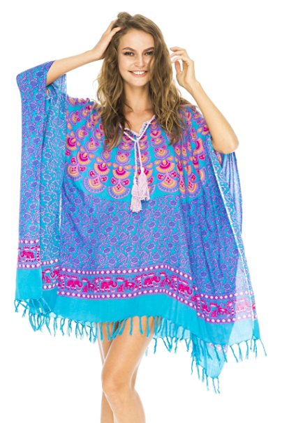 Back From Bali Womens Swimsuit Cover Up Tunic Beach Caftan Top Peacock Design