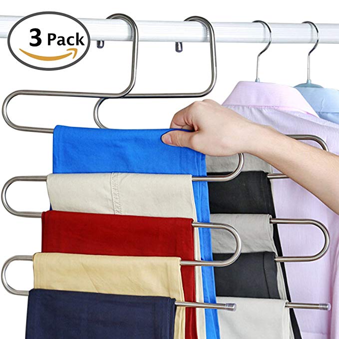 everso Pants Hangers S-type 5 layers Stainless Steel Trousers Rack Space Saving (3 packs)