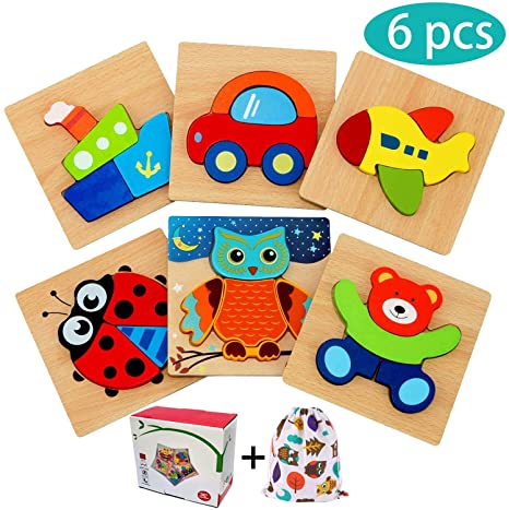 E-MANIS Wooden Puzzles Child Toys for 1 2 3 Year Old Boy and Girls Toddler Gifts Montessori Jigsaw Early Learning Preschool Educational Game for 4 5 Years Kids, 6 Pack Animal and Vehicle Multicoloured