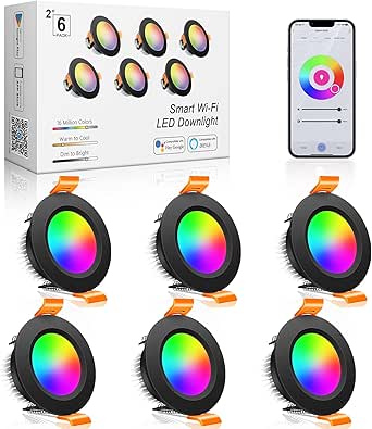 inShareplus 2 Inch Smart Recessed Lighting, 6 Pack WiFi Black LED Downlight 5W 120V, Dimmable RGBCW 2700-6500K Color Changing, Compatible with Alexa/Google, Ceiling Lights with LED Driver