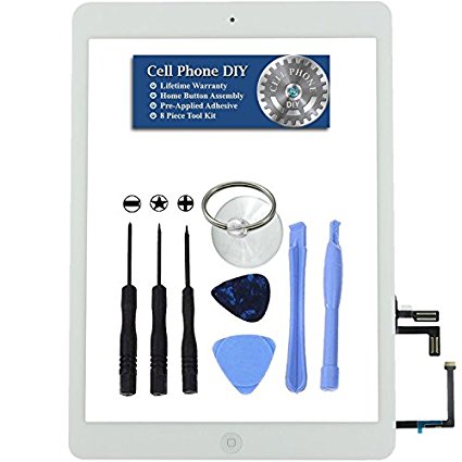 White iPad Air Digitizer Replacement Screen Front Touch Glass Assembly Replacement - Includes Home Button   Camera Holder   Pre-Installed Adhesive with Tools – Repair Kit by Cell Phone DIY