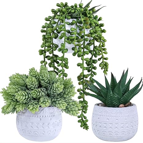 Winlyn 3 Pcs Assorted Small Potted Succulent Plants Artificial Aloe Hanging Succulent in White Geometric Concrete Ceramic Pots for Gift Party Wedding Favors Windowsill Table Shelf Indoor Outdoor Decor