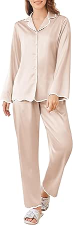 Ekouaer Womens Silk Satin Pajamas Set Long Sleeve Pajama Sets 2 Pieces Button Down Shirts and Pants Ruffle Hems Sleepwear