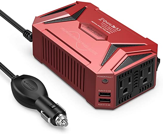 BESTEK 300Watt Pure Sine Wave Power Inverter Car Adapter DC 12V to AC 110V with 4.2A Dual Smart USB Ports (Red)