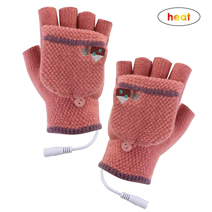 Unisex Women's & Men's USB Heated Gloves Mitten Winter Hands Warm Laptop Gloves,Yinuoday Full & Half Heated Fingerless Heating Knitting Hands Warmer Washable Design (Women Rose)