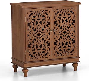 Sophia & William Accent Cabinet with Doors, Distressed Storage Cabinet with Wood Frame and Hollow-Carved Floral Doors for Entryway Living Room, Wood