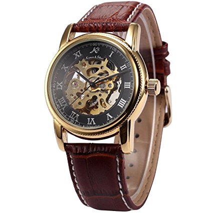 KS Gold Skeleton Automatic Mechanical Men's Leather Wrist Watch KS032