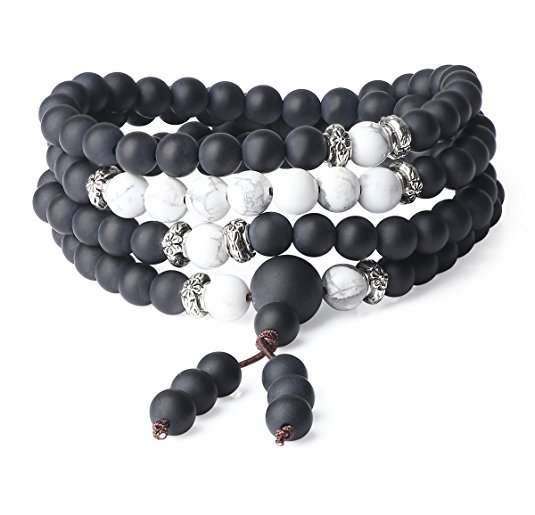 AmorWing Mens Womens 108 Beads Matte Onyx Stone Beaded Mala Wrap Bracelet Necklace