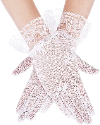 SATINIOR 8 to 15 Years Old Girls Lace Gloves Tea Party Gloves Princess Dress Gloves Floral Bow Elegant Wedding Gloves