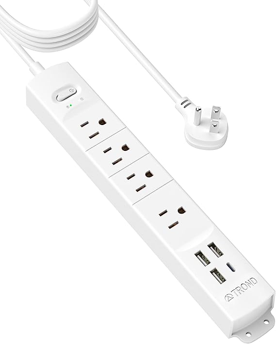 TROND 15ft Long Extension Cord USB C, Thin Flat Plug Power Bar Surge Protector, Slim Power Strip, 4 Outlets 4 USB Ports, 1440 Joules, Wall Mount for Home Office Supplies Dorm Room Travel Essentials