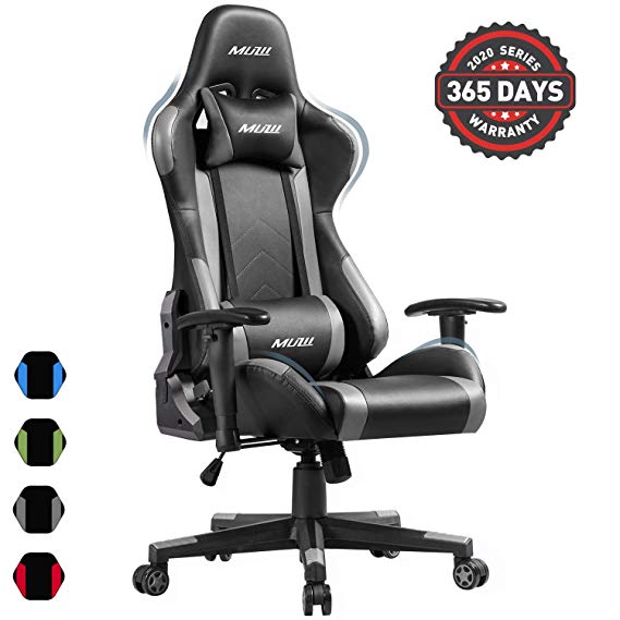 Muzii PC Gaming Chair for Pro,4-Color Choice PU Leather Racing Style Ergonomic Adjustable Computer Chair for Office or Game with Headrest and Lumbar Pillow for Adults and Teens (Grey)