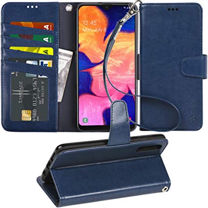 Arae Wallet Case for Samsung Galaxy A50 PU Leather flip case Cover [Stand Feature] with Wrist Strap and [4-Slots] ID&Credit Cards Pocket for Samsung Galaxy A50 (Blue)