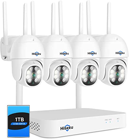 【PTZ Wireless System】 Hiseeu 3MP Security Camera System Two Way Audio, Auto Tracking, Full Color Night Vision, IP66 Waterproof, Expandable 10CH NVR, 24/7 Record with 2.5 Inch 1TB Hard Drive