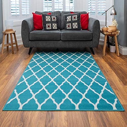 Modern Soft Teal Blue Cream Moroccan Trellis Rug Diamond Transitional Living Room Area Bedroom Hallway Rugs 120cm x 170cm