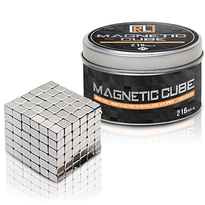 Magnetic Cube 5mm 216   6 pcs | Stress Relief Fidget Toys Gift for Men & Women from 16 to 60 | Nice Tin Box | Cool Puzzle Toy for Home and Office Desktop | by R&L