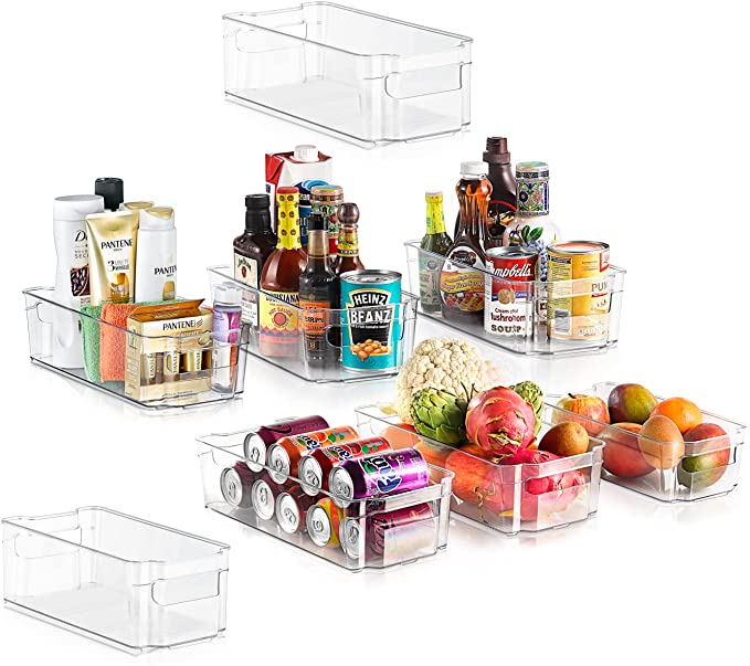 NutriChef Set of 8 Refrigerator Bins-4 Wide and 4 Narrow Stackable Fridge Organizers for Freezer, Kitchen, Countertops, Cabinets-Designed with Practical Carry Handles and Interior, 8 containers, Clear