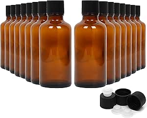 Youngever 12 Pack Empty Glass Bottles with Lids, Amber Glass Tight Seal Lids, Refillable Container for Essential Oils, Vanilla Extract and More (2 Ounce)