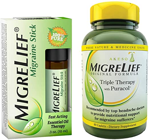 MigreLief® Nutritional Support & Comfort Kit for Migraine Sufferers - MigreLief Original Formula - Daily Triple Therapy   The MigreLief Migraine Stick Essential Oils Roll-On – 1 Month Supply