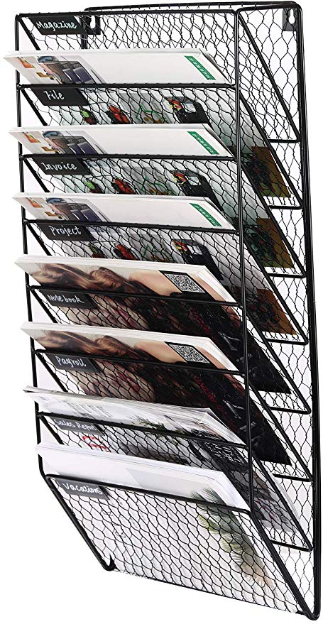 PAG 8 Pockets Wall File Holder Wall Mounted Mail Organizer Metal Chicken Wire Hanging Maganize Rack, Black