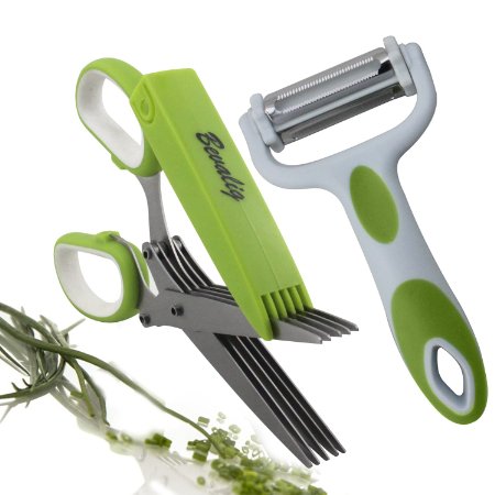 Herb Scissors with 3-in-1 Click N Peel Multipurpose Peeler - Julienne Vegetable Fruit - Premium Cooking Gadgets - 5 Blades Stainless Steel Kitchen Shear with Cover and Cleaning Comb