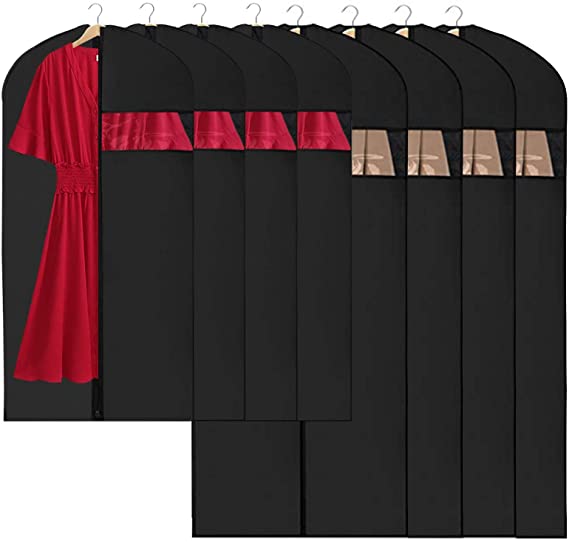 VICKERT Hanging Garment Bag Lightweight Suit Bags Dust-Proof with Study Full Zipper for Closet Storage and Travel,Clear Full Zipper Suit Bags,PEVA Moth-Proof (Black - 24" x 43"/ 50"- 8pcs)