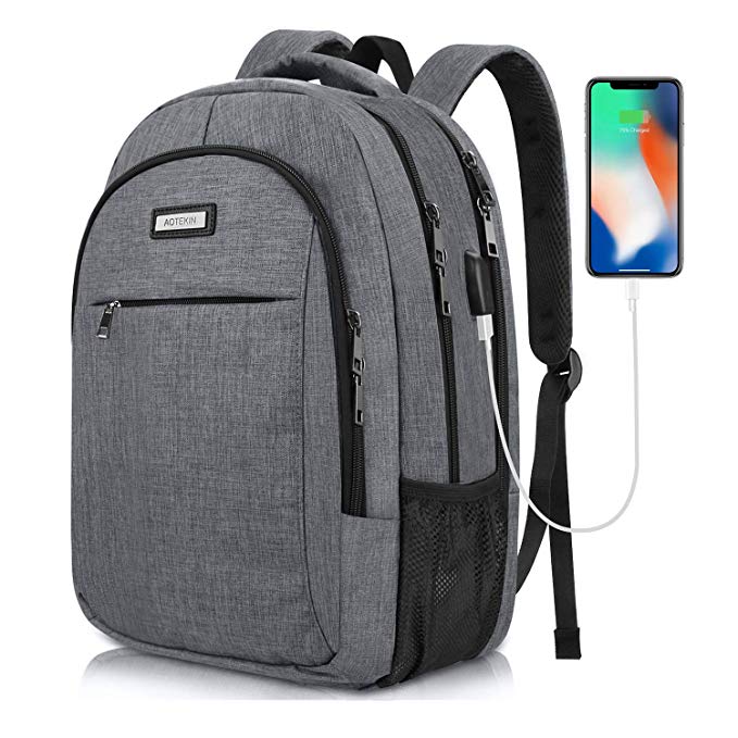 Travel Laptop Backpack 15.6’’ Waterproof for Men & Women, Business Computer Backpack Work Daypack Padded with USB Charging Port, Fashion College School Bookbag Rucksack (Grey)