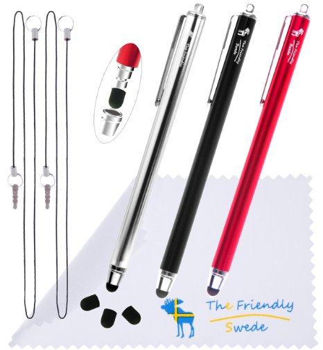 Bundle of 3PCS Premium Branded 55 Thin-Tip High Precision Universal Capacitive Stylus Pens  Extra 3 Replaceable Tips and 2 X 15 Detachable Elastic Lanyards RedBlackSilver