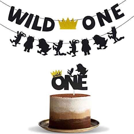 Joymee Wild One Banner with Wild One Cake Topper,Kids Boy or Girl 1st First Birthday Party Supplies Black Glitter Handmade Decorations