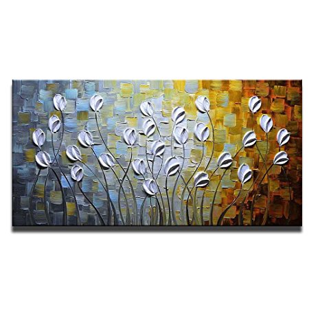 Asdam Art - Oil Paintings on Canvas Budding Flowers 100% Hand-Painted On Canvas Abstract Artwork Floral Wall Art Decorative Pictures Home Decor White (24X48 inch)
