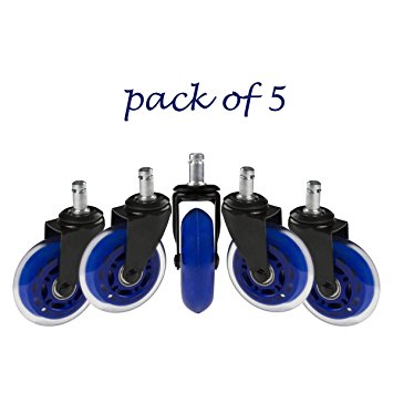 8T8 Rollerblade Office Chair Caster Wheels Replacement - Heavy Duty Universal Size Safe for Hardwood Carpet Floors - 3" 5 Set (Blue Transparent)