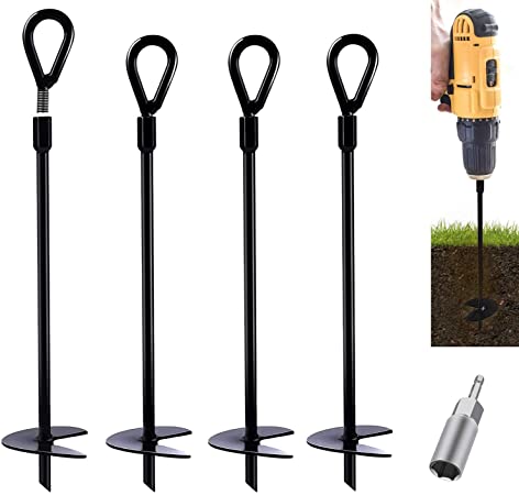 AidonRew Earth Ground Anchor Stakes, 15 Inch Heavy Duty Metal Earth Auger for Tents, Shelters, Canopies, Swing Sets, Trampoline Sheds, 4 Pack with 1 Socket
