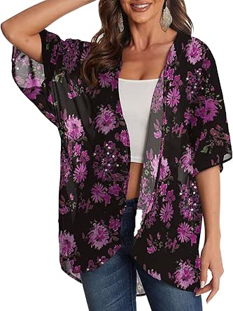 Kimonos for Women Floral Print Lightweight Chiffon Kimono Cardigan Puff Sleeve Loose Beach Wear Cover Up Blouse Tops