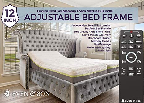 Split King Adjustable Bed Base Frame (Individual Head Tilt & Lumbar)   12” Cool Gel Memory Foam Adjustable beds and mattresses by Sven and Son (King Split)