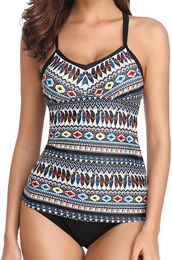 Yonique Tankini Swimsuits for Women Tribal Printed Bathing Suit 2 Piece Strappy Swimwear