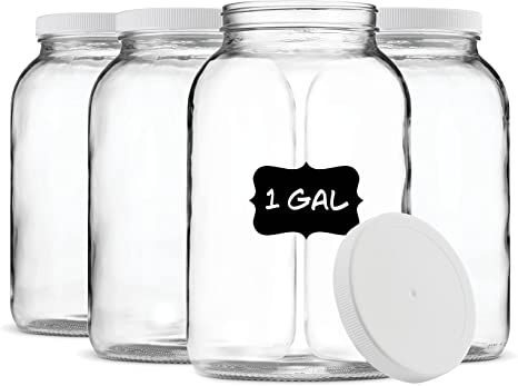 Paksh Novelty 1-Gallon Glass Jar Wide Mouth with Airtight Plastic Lid 4-Pack USDA Approved BPA-Free Dishwasher Safe Clear Mason Jar for Fermenting Kombucha Kefir Storing and Canning, Chalkboard Labels