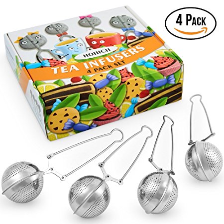 4 Pack Gift Set Tea Infuser with Long Handle for Loose Leaf - Cup, Mug, Tea Pot, Pitcher by Hohich - Strainer, Mesh Ball Steeper & Stainless Steel Filter, Pincer, Tea Maker, Tong