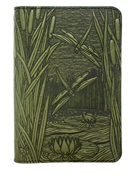 Oberon Design Dragonfly Pond Pocket Notebook Cover | Fits 5.5 x 3.5 Notebooks, Embossed Leather, Fern Color | Made in the USA